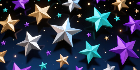 Obraz premium Large and small stars in gold, silver, purple, and teal hues scattered against a dark blue background with subtle glow and soft lighting effects, creating a sense of depth.