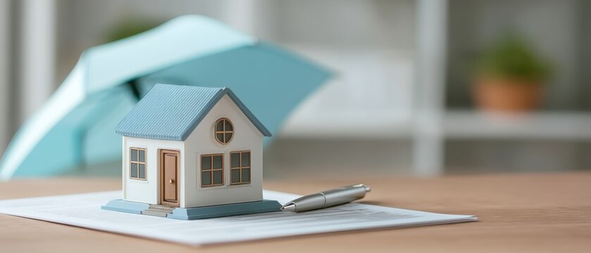 Miniature House Model with Umbrella and Pen for Home Insurance Concept on Desk