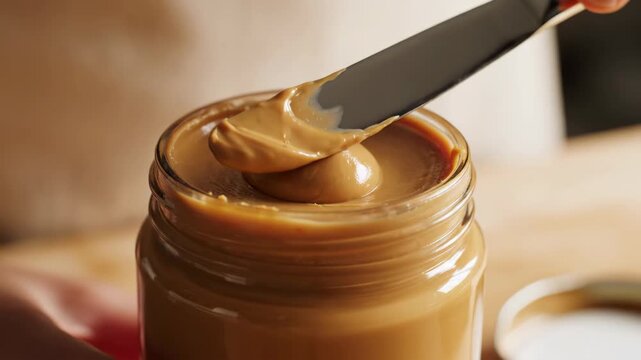 Delicious peanut butter being scooped from a jar with a knife for a snack.