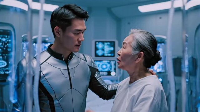 asian medic comforts elderly patient in blue biotech laboratory, standing between glowing bioreactor tanks and clinical monitors, gentle touch and warm dialogue convey empathy, research