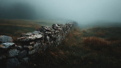 Stone wall in misty rural landscape