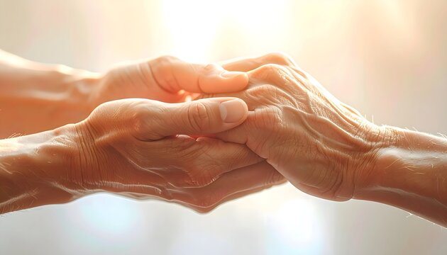 Elderly hands held by caring person in comforting gesture