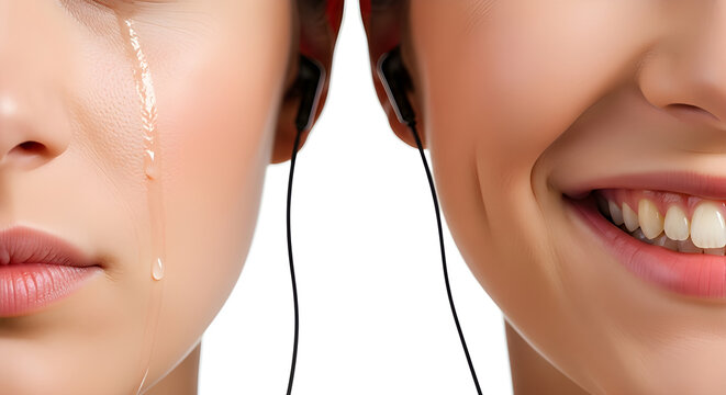 A split image displaying contrasting emotions of sadness and happiness, connected through music. One side shows tears while the other radiates joy, with both sides linked through earphones. 