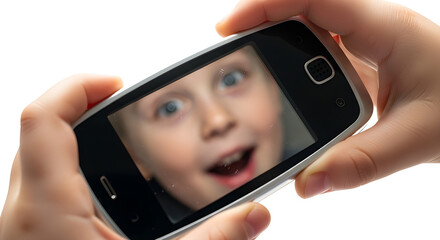 Child's face excitement in smartphone in hands 