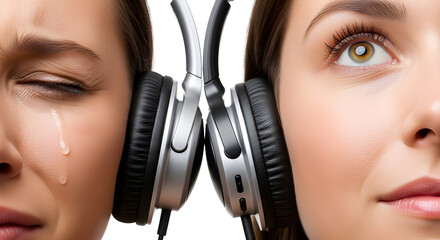 The contrast between sadness and happiness, where a person is crying, and another person looks happy