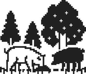 Pixel art wild boars and trees silhouette in forest scene with grass and foliage