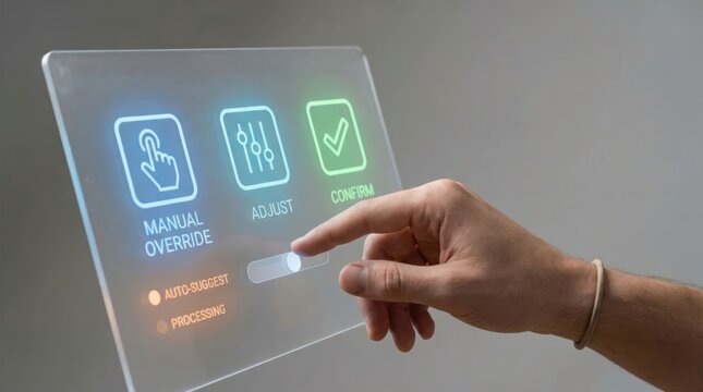 Close-up of human hand interacting with a futuristic transparent glass digital interface, manual override and AI control concept.