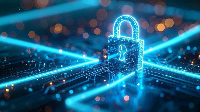 Digital Fortress: An illuminated padlock, radiating with vibrant blue energy, stands as a digital bastion of security, safeguarding data and information within a technological realm. 
