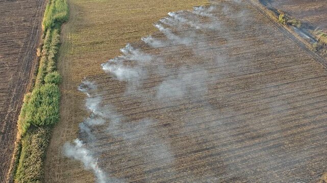Agricultural field fires with rising smoke used as traditional fertilization method before harvest, documented from aerial perspective over rural landscape