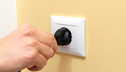Naklejka premium Close-up of Hand Plugging Electrical Cord into White Wall Socket for Power Supply
