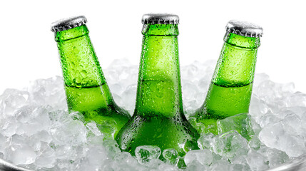 Three green beer bottles in a bucket of ice isolated on transparent background