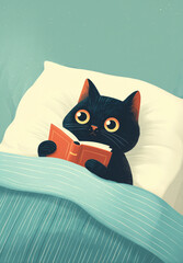 Obraz premium Black cat reading a book under blanket in bed cozy bedtime illustration for children story cover, nursery wall art, reading concept, night routine, imagination theme 
