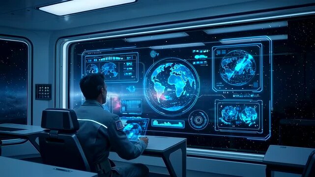 Space explorer controls virtual celestial images on advanced cockpit screens, Commander monitors three dimensional holographic planets and charts course procedures in spacecraft