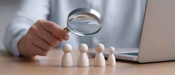 Fototapeta premium Person Using Magnifying Glass to Examine Wooden Figurines with Laptop on Table