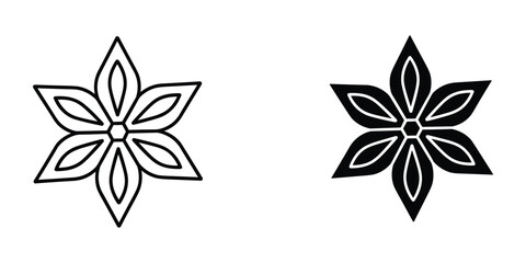 Two symmetrical black and white floral designs are displayed side by side resembling star anise or stylized flowers high quality professional detailed modern elegant stylish clean