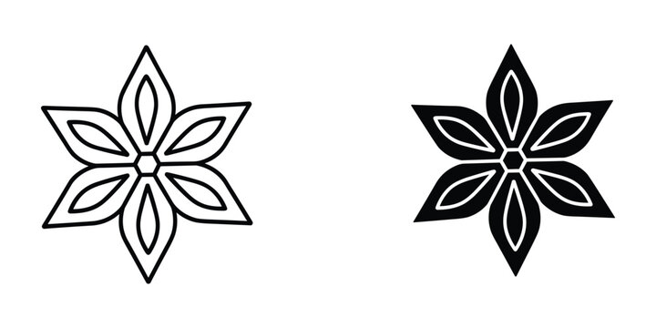 Two symmetrical black and white floral designs are displayed side by side resembling star anise or stylized flowers high quality professional detailed modern elegant stylish clean