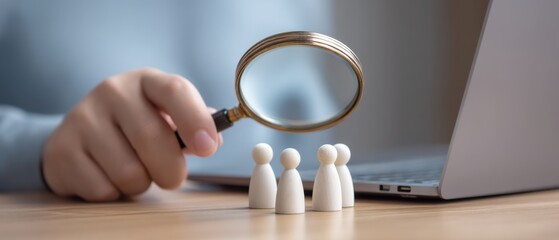 Fototapeta premium Focused Examination of Small Figurines with Magnifying Glass Beside Laptop on Wooden Table