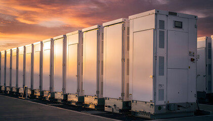 Obraz premium Array of White Industrial Power Units Against a Dramatic Sunset Sky, Emphasizing Energy, Technology and Efficiency for Utility and Infrastructure Projects