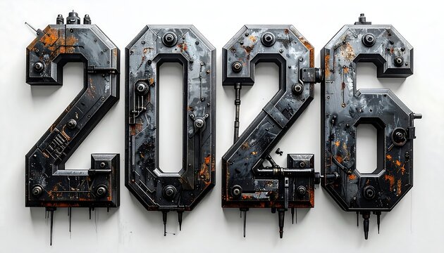 Futuristic Industrial 2026 Numbers with Rusty Metal Texture.
