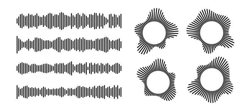 Audio waveform set with radial burst patterns and horizontal frequency lines. Monochrome podcast icons - geometric equalizer bars, abstract ripple shapes and voice recording graphic elements