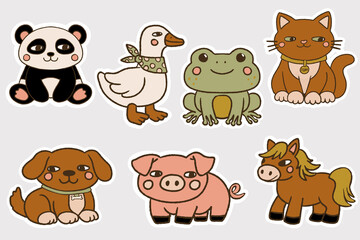 Fototapeta premium Cute hand drawn animal sticker set with panda, dog, pig, frog, cat, goose and horse characters. Friendly cartoon animals for kids projects, stickers, education or interior playful design.