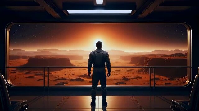 silhouette guardian overlooking crimson martian plain, glass observation bay opens to rustred dunes and basalt mesas, orange sunset backlight, lone colonist stance, outpost interior,