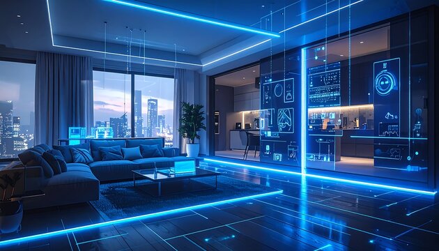 Futuristic Smart Home Interior with Blue Neon Light Trails and Cityscape View.