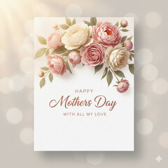 ant Mother's Day Greeting Card Template with Pink Peonies and Roses