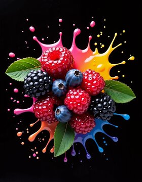Mixed forest berries with vibrant pink and yellow paint splash
