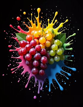 Red and green grapes with rainbow paint splash on black background