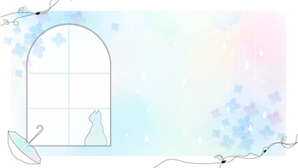 梅雨の窓辺と猫のシルエット 水彩風背景素材（あじさい・雨・傘）