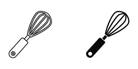 A simple black and white illustration depicts two kitchen whisks one outlined and one solid side by side high quality professional