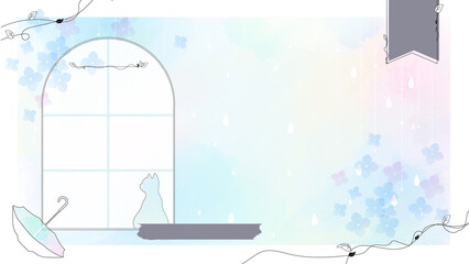 梅雨の窓辺と猫のシルエット 水彩風背景素材（あじさい・雨・傘）