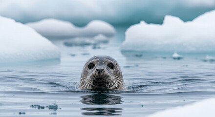 Spotted Seal in Icy Waters of Arctic Ocean, Playful Marine Mammal Swimming in Cold Blue Sea with Ice Floes, Wildlife Nature Scene, Polar Animal in Natural Habitat