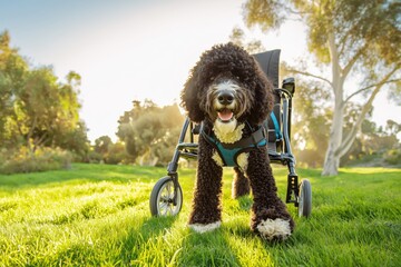 portuguese water dog in wheelchair explores green park under bright sun in afternoon