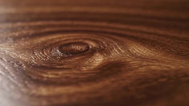 Close-up of a dark brown wooden surface with a prominent knot and grain pattern, showcasing natural texture and warm tones.