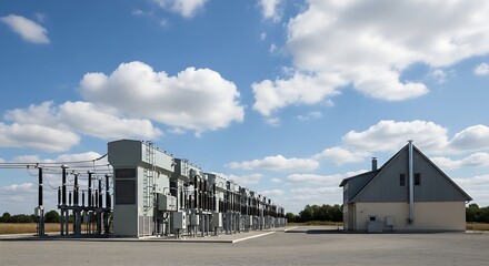 Fototapeta premium A row of massive grey power transformers stands in a clean substation yard next to a yellow control building