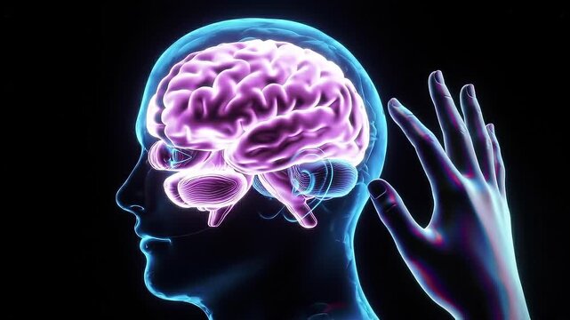 Animated glowing brain profile with hand near ear.
