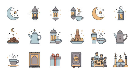 Ramadan Icons Set: Crescent Moon, Lanterns, Coffee, Dates, Prayer Mat, Gift, Quran, Family Iftar