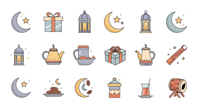 Ramadan Icons Set: Moon, Stars, Lanterns, Gifts, Teapots, Dates, Drum