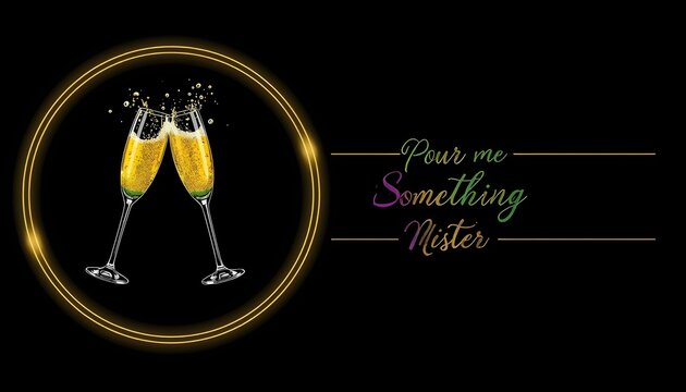 A luxurious toast with champagne flutes in a golden circle on a black background with a festive message