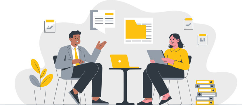Business professional man and woman having meeting in modern office space with documents