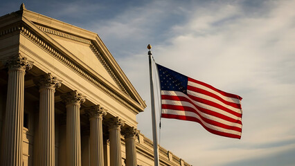 American flag waving in front of a historic building