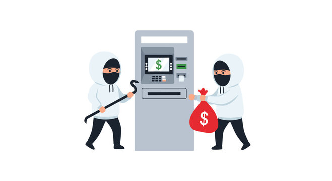 Cartoon illustration portraying two masked robbers attempting to break into an automatic teller machine with a crowbar