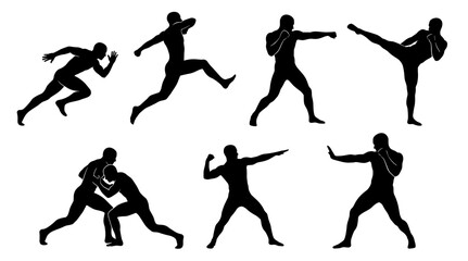 Obraz premium Collection of black male silhouettes performing various sports and combat actions including karate kicks boxing punches wrestling moves and athletic sprinting