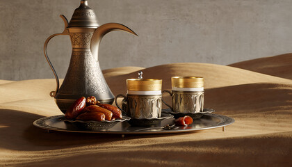Traditional Arabic coffee pot Dallah with fresh dates on sand dunes
