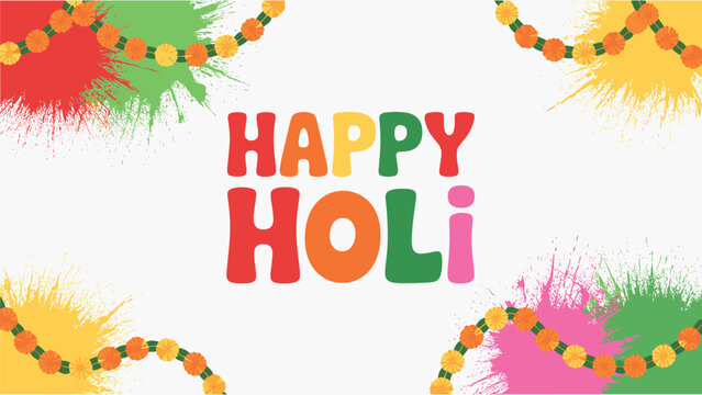 Happy Holi Text with Colorful Splashes and Garland Decorations Vector