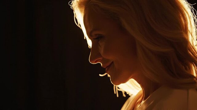 Backlit profile of smiling woman with warm golden rim light.