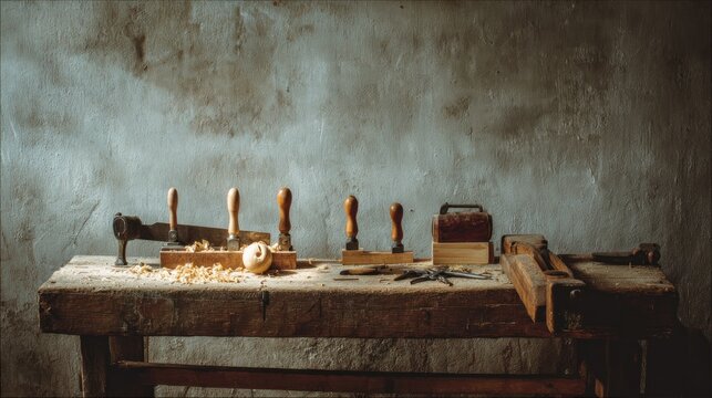 Old Workshop Tools on Weathered Wooden Table Atmosphere.