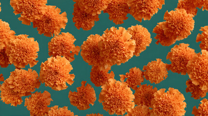 Many orange marigold flowers arranged into a seamless pattern. Celebration and decoration concept for Diwali, Gudi Padwa, or Indian new year.